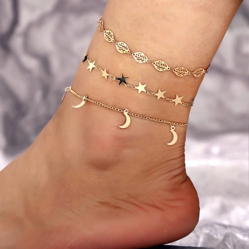 Sparkling Gold 3 Piece Moon, Star and Leaf Anklet, Simple Anklet Set